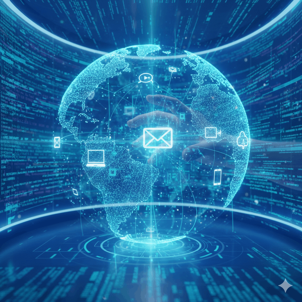 A digital illustration depicting a glowing globe with interconnected icons, including an email symbol, on a background of flowing binary code.