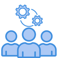 Three blue stylised human figures with two gear icons above their heads, representing teamwork and ideas.