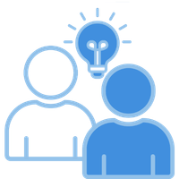 Two outlined figures in blue facing each other with a light bulb above them, representing ideas or collaboration.