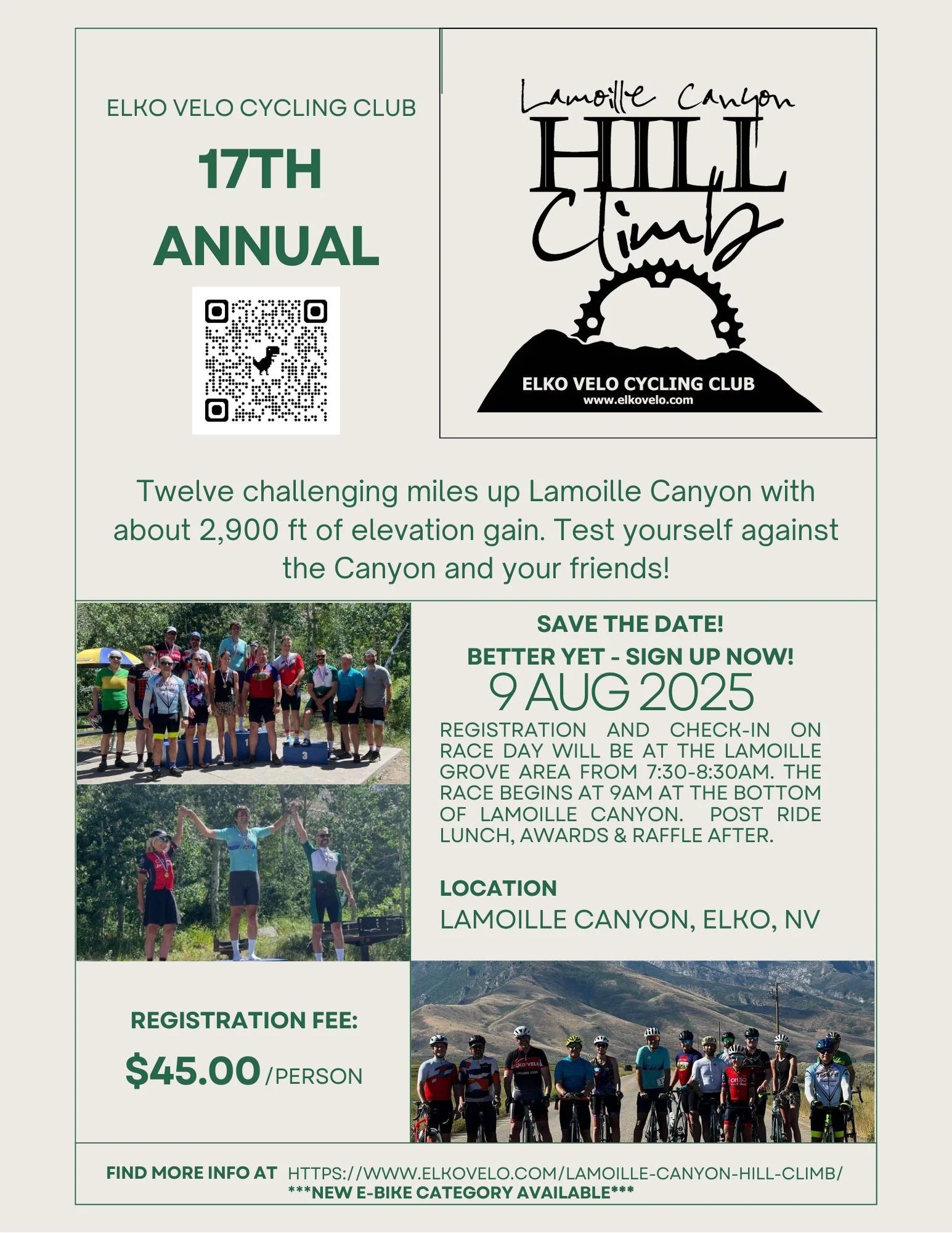 📣 Save the Date! The 17th Annual Lamoille Canyon Hill Climb is coming August 9th!
🔗 elkovelo.com/lamoille-canyon-hill-climb

#ElkoVelo #LamoilleHillClimb #RideNevada
https://www.bikereg.com/lamoille-canyon-hill-climb