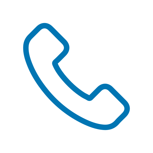 Icon of a blue telephone handset on a white background.
