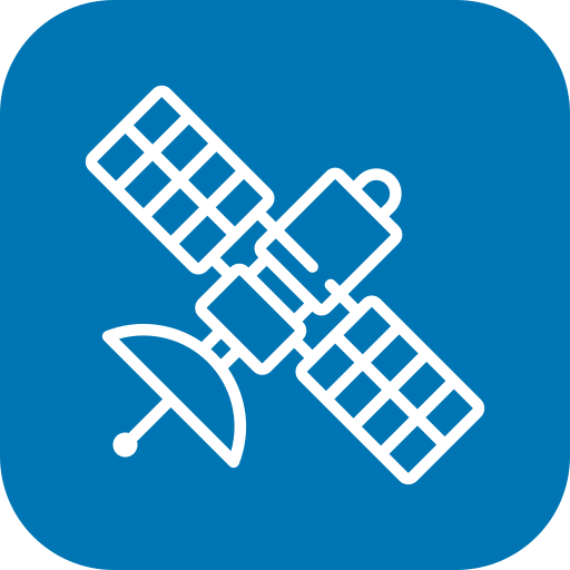 Icon of a satellite with solar panels and a dish antenna on a blue background.