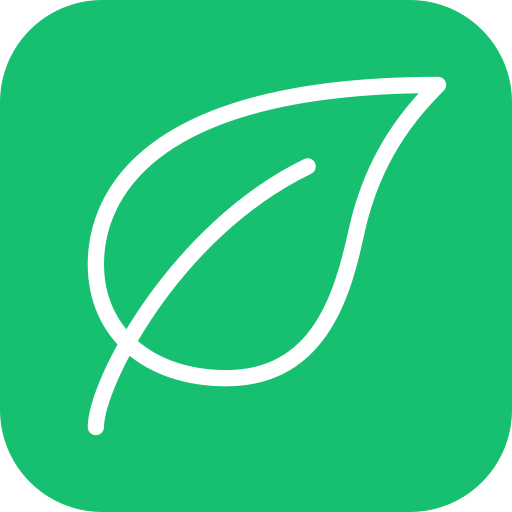 A minimalist green icon with a white outline of a leaf.