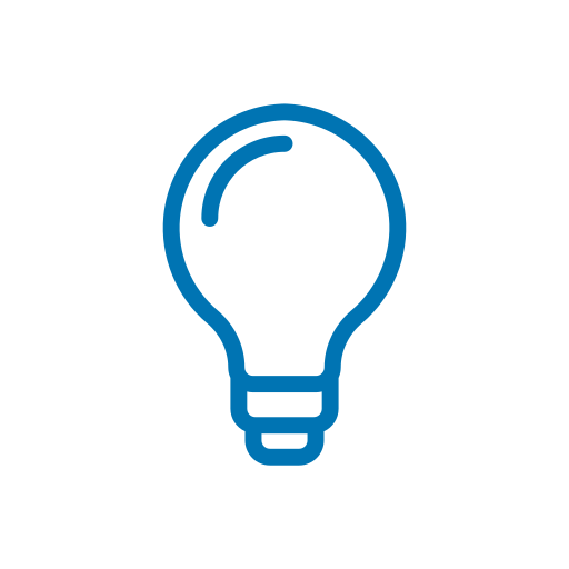 Icon of a light bulb in blue outline on a white background.