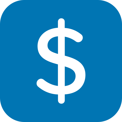 Icon of a white dollar sign in a blue square background.