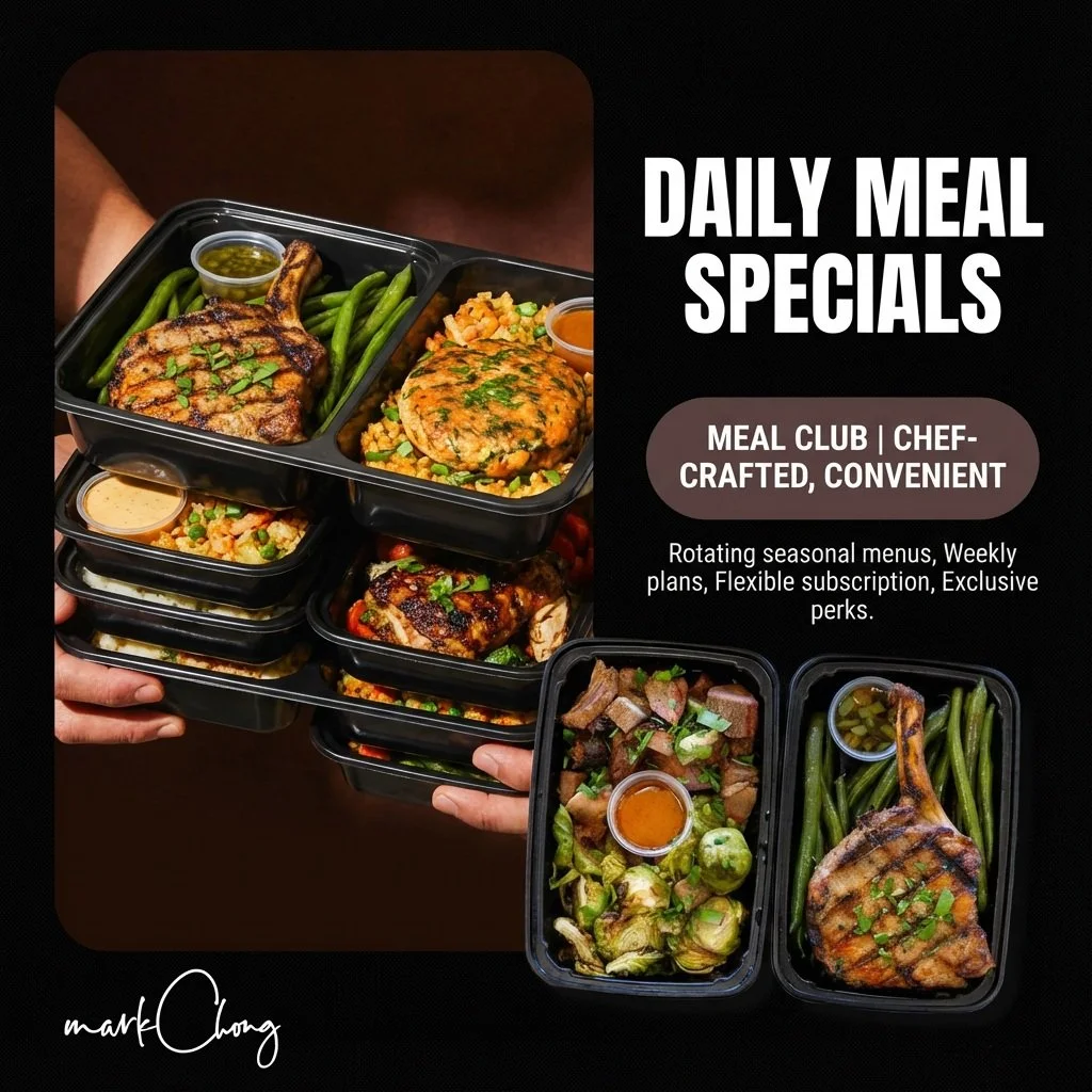 A tray of meal containers with and other dishes, along with a few additional containers showing grilled meats and vegetables, against a black background with text about daily meal specials. Mark Chong's Meal Club Lunches and Dinners