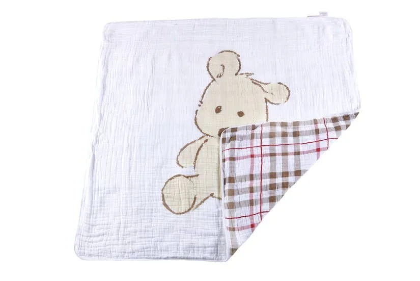 Teddy Bear and Plaid Reversible Cotton Muslin Blanket