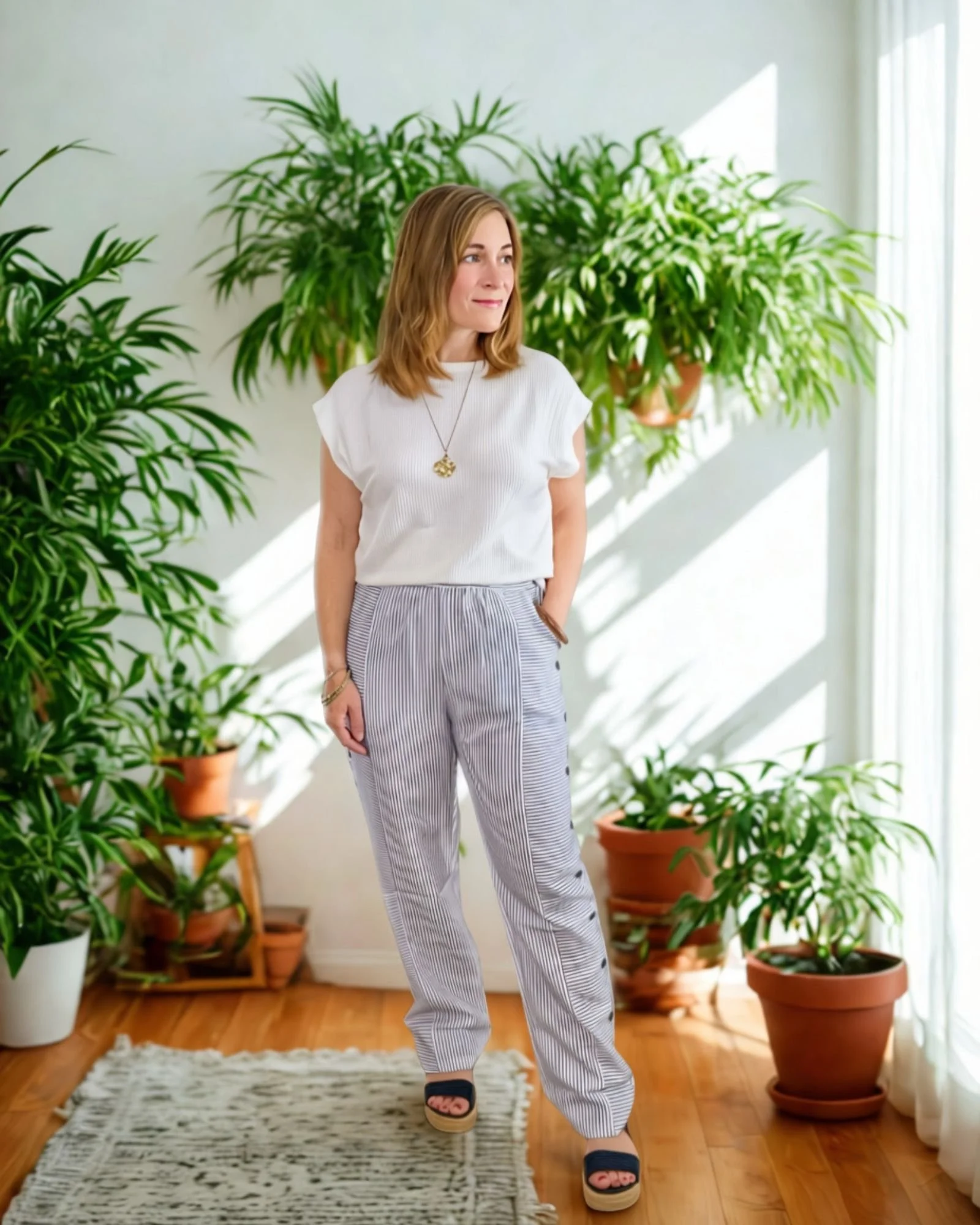 woman wearing striped pants, white shirt and gold necklace
