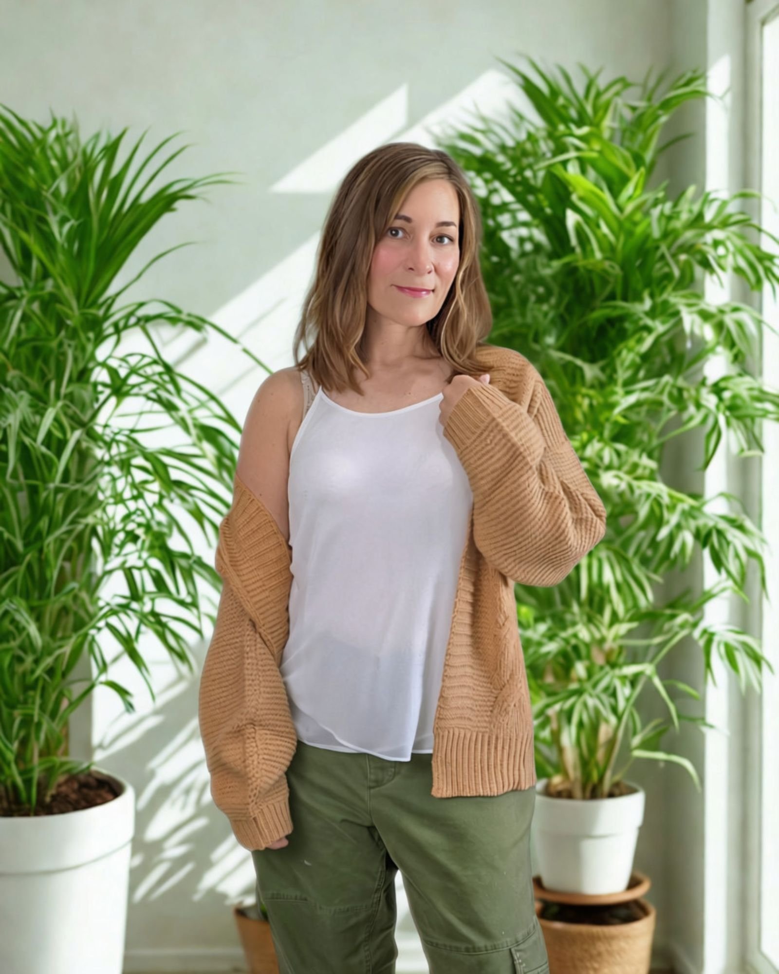 khaki cardigan draped off one shoulder