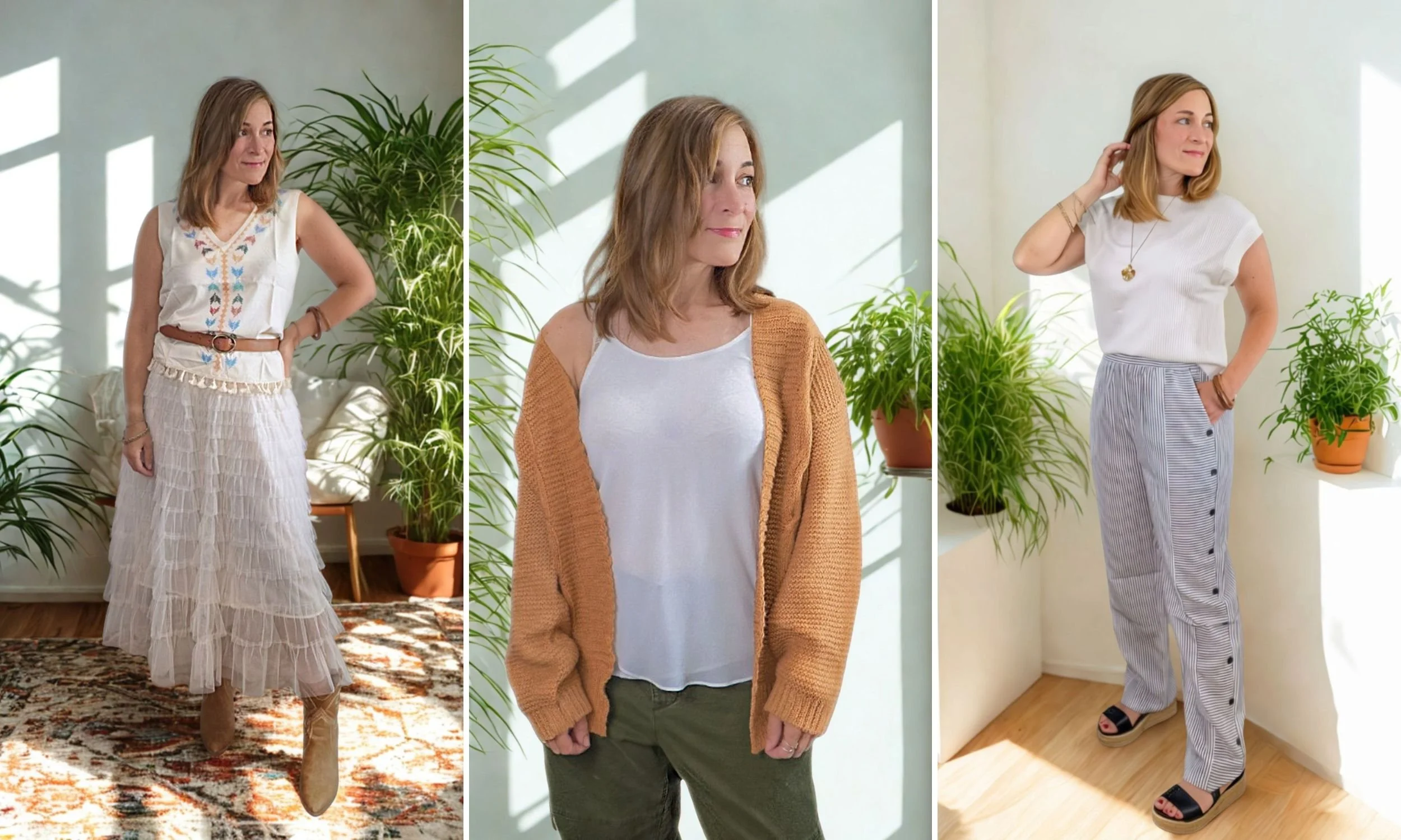 Woman wearing three different autumn-inspired outfits.