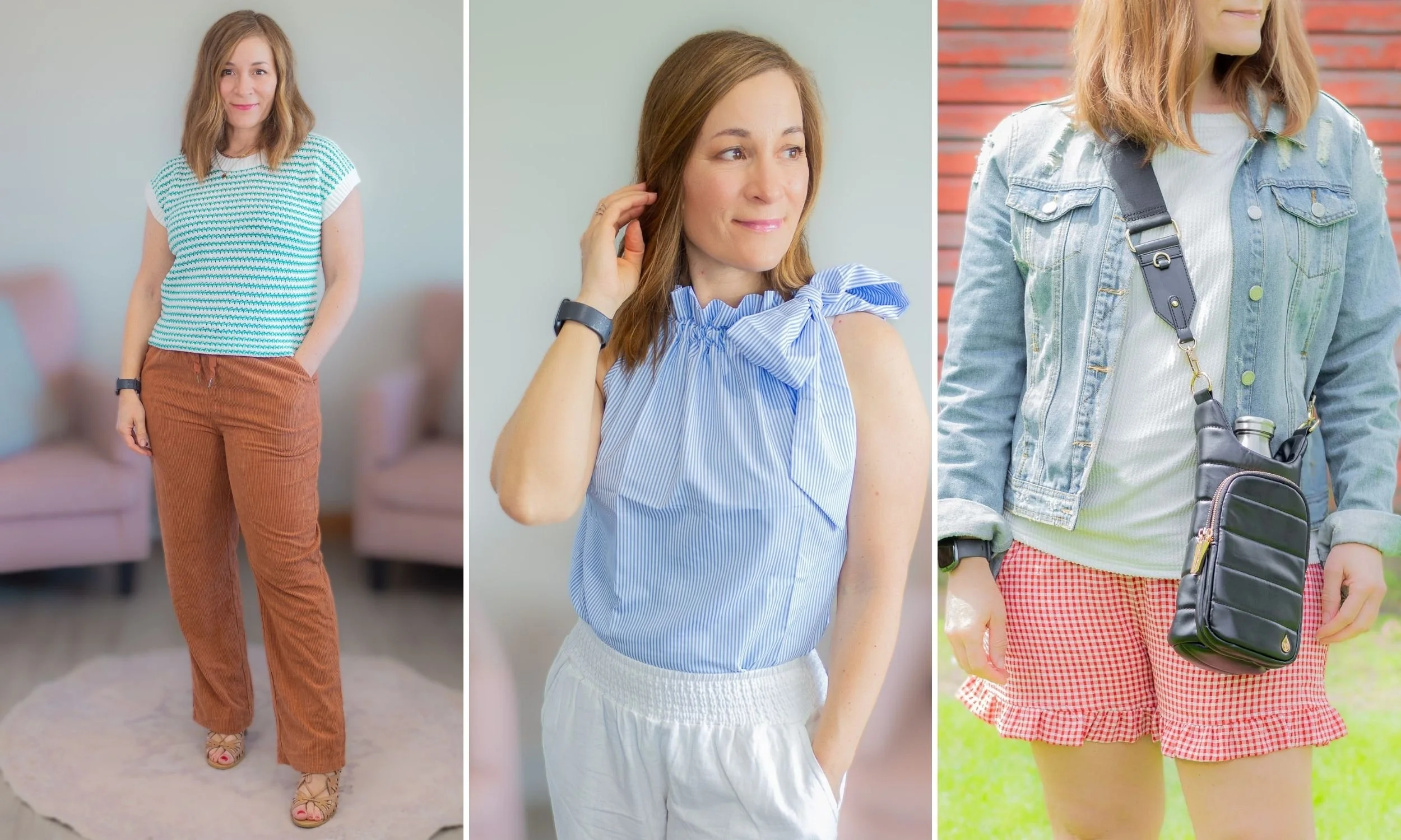 Three pictures of woman in summer outfits including sleeveless tops, pants and skirts.