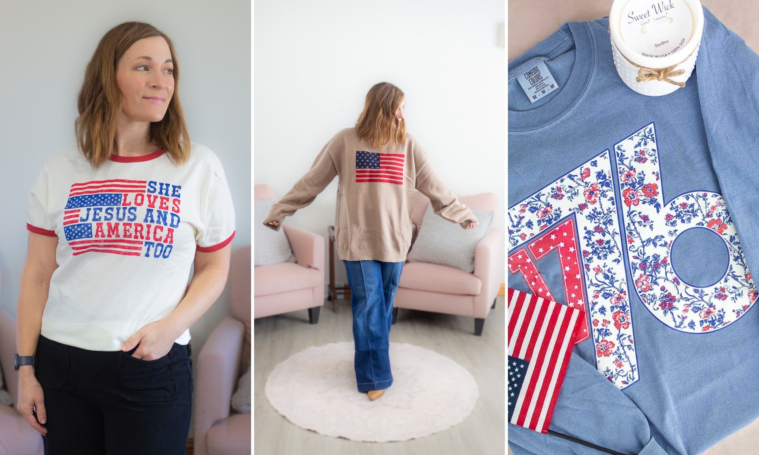 Patriotic shirts including a t-shirt that says "loves Jesus and America too."