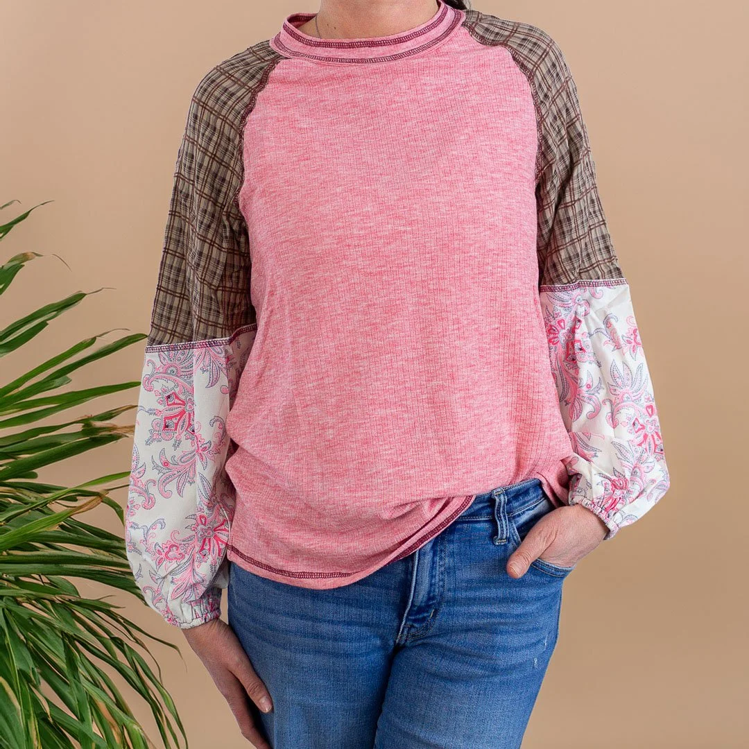 Plaid and Floral Print Ribbed Top