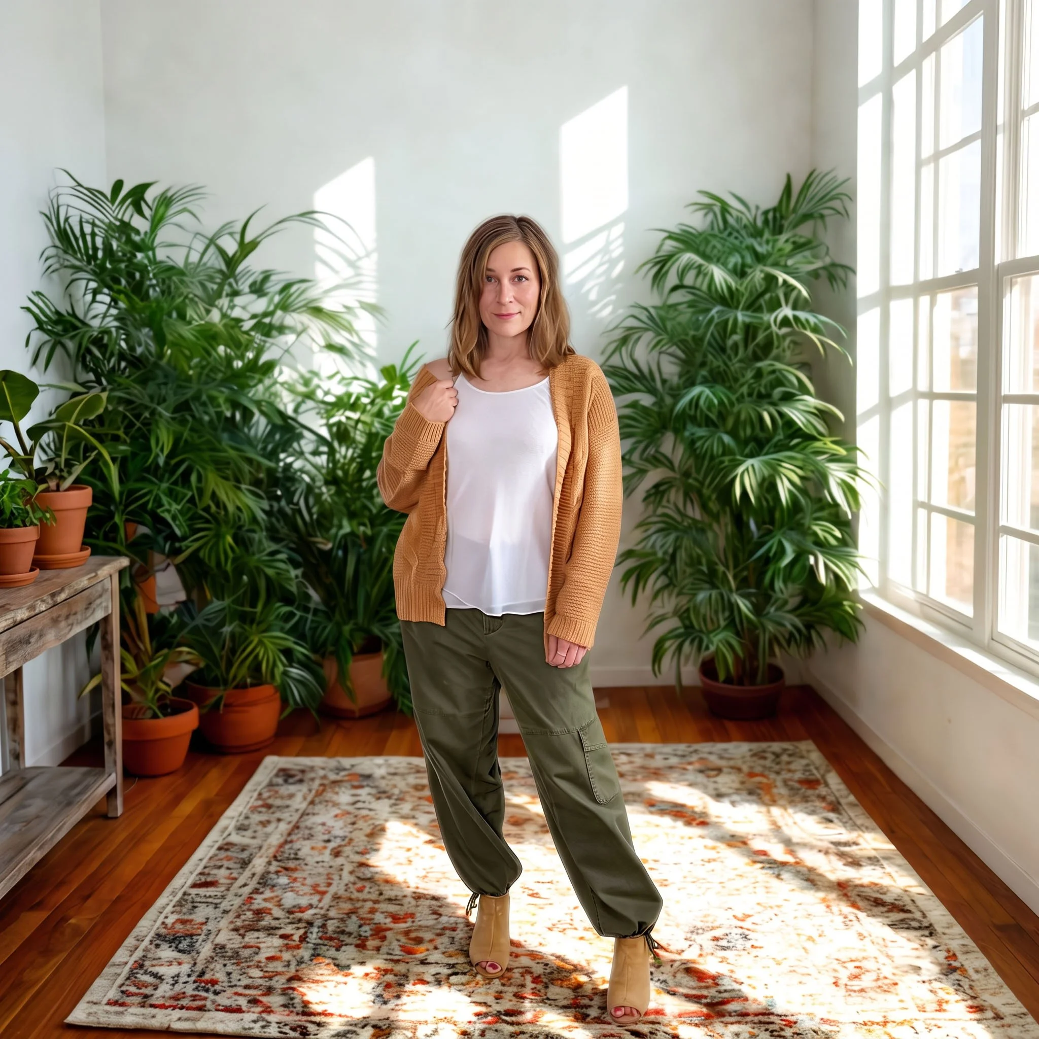 woman wearing khaki cardigan, cream cami and hunter green pants  in room with plants