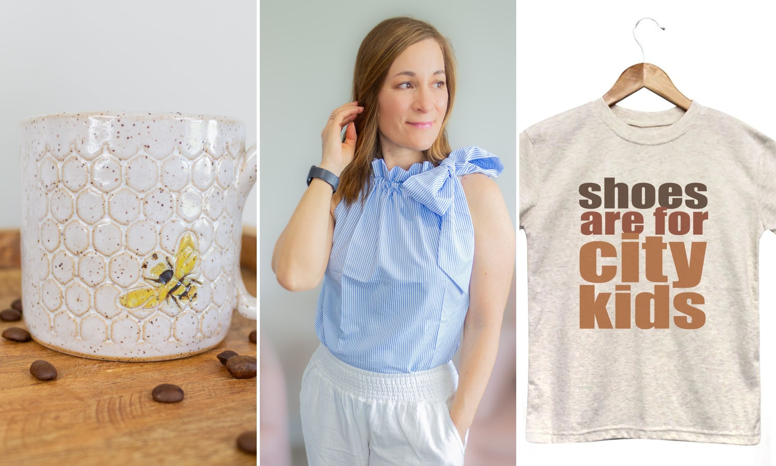 Collage of summer looking items including mug, sleeveless top and kid's t-shirt.