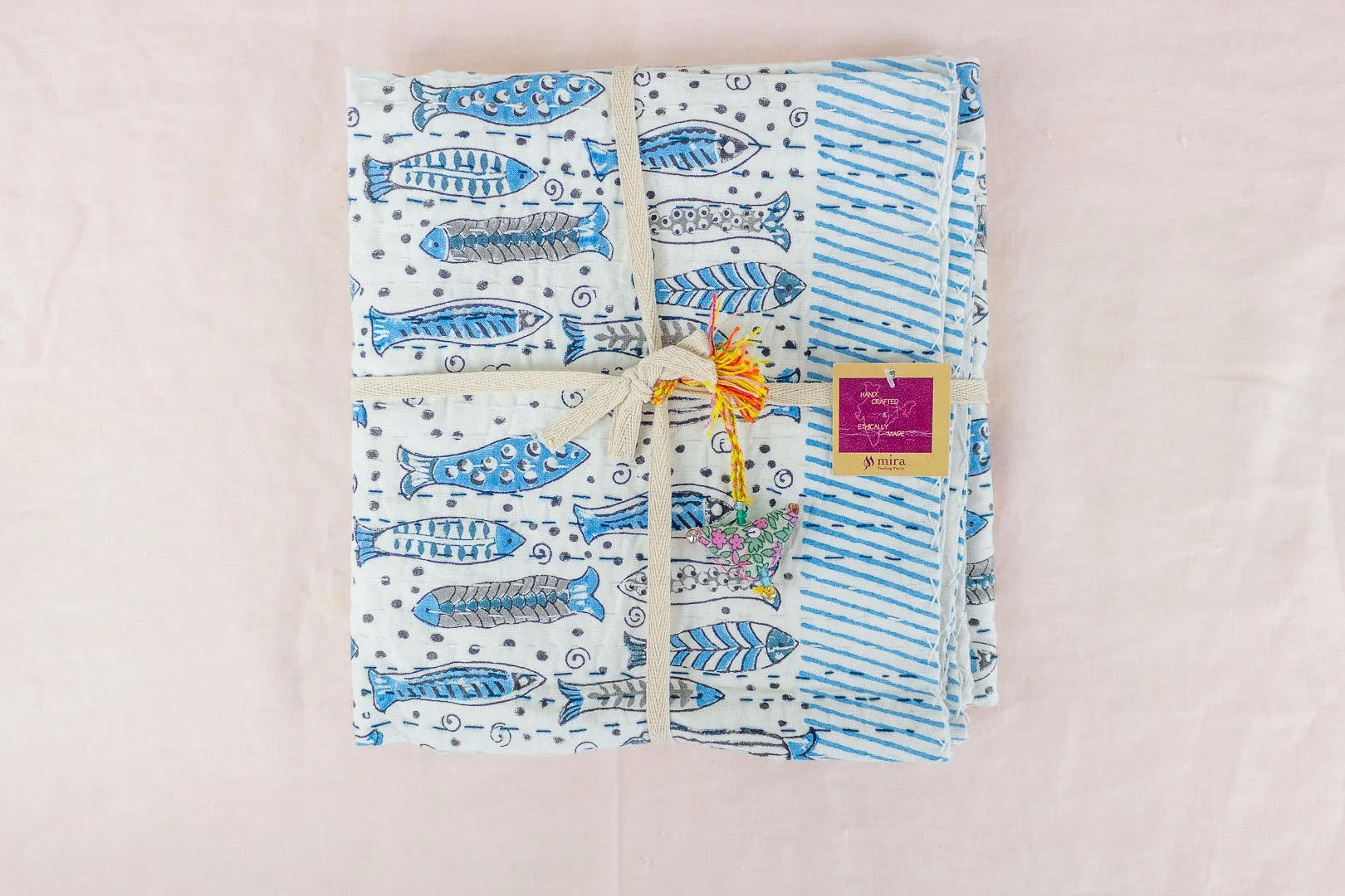 Baby Block Fish Printed Kantha Blanket