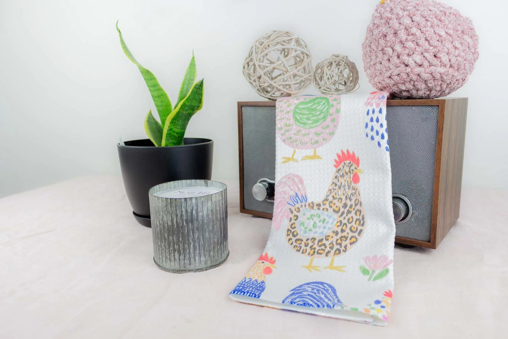 Decorative scene with a potted snake plant, a wooden speaker with a chicken print cloth draped over it, wicker balls, a pink textured ball, and a small container, all placed on a light surface.
