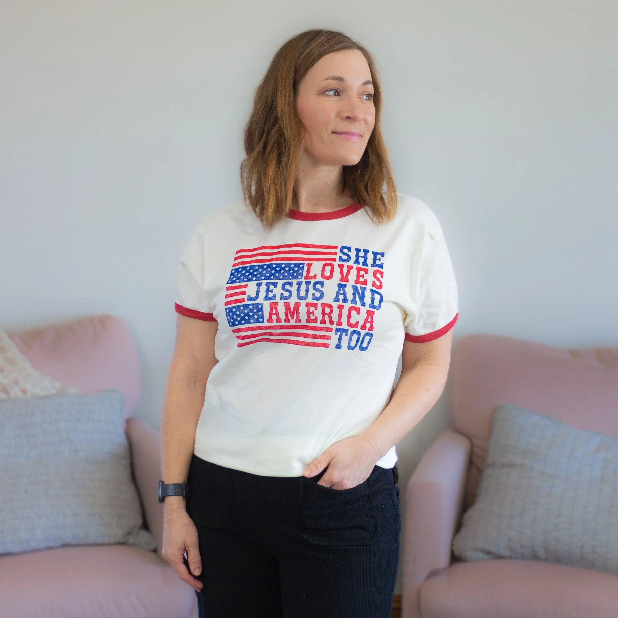 Loves Jesus and America Too Ringer Tee