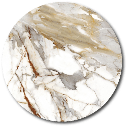 Close-up of a round marble surface with white, gray, and gold veining.