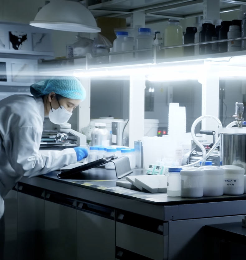 A scientist in a laboratory, wearing a face mask, gloves, and a blue hairnet, working with scientific equipment and chemicals on a lab bench.