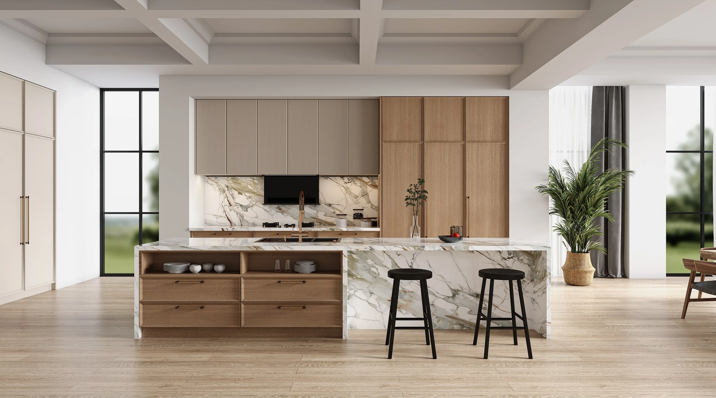 Modern kitchen with marble island, black stools, wood cabinetry, large windows, and a potted plant.