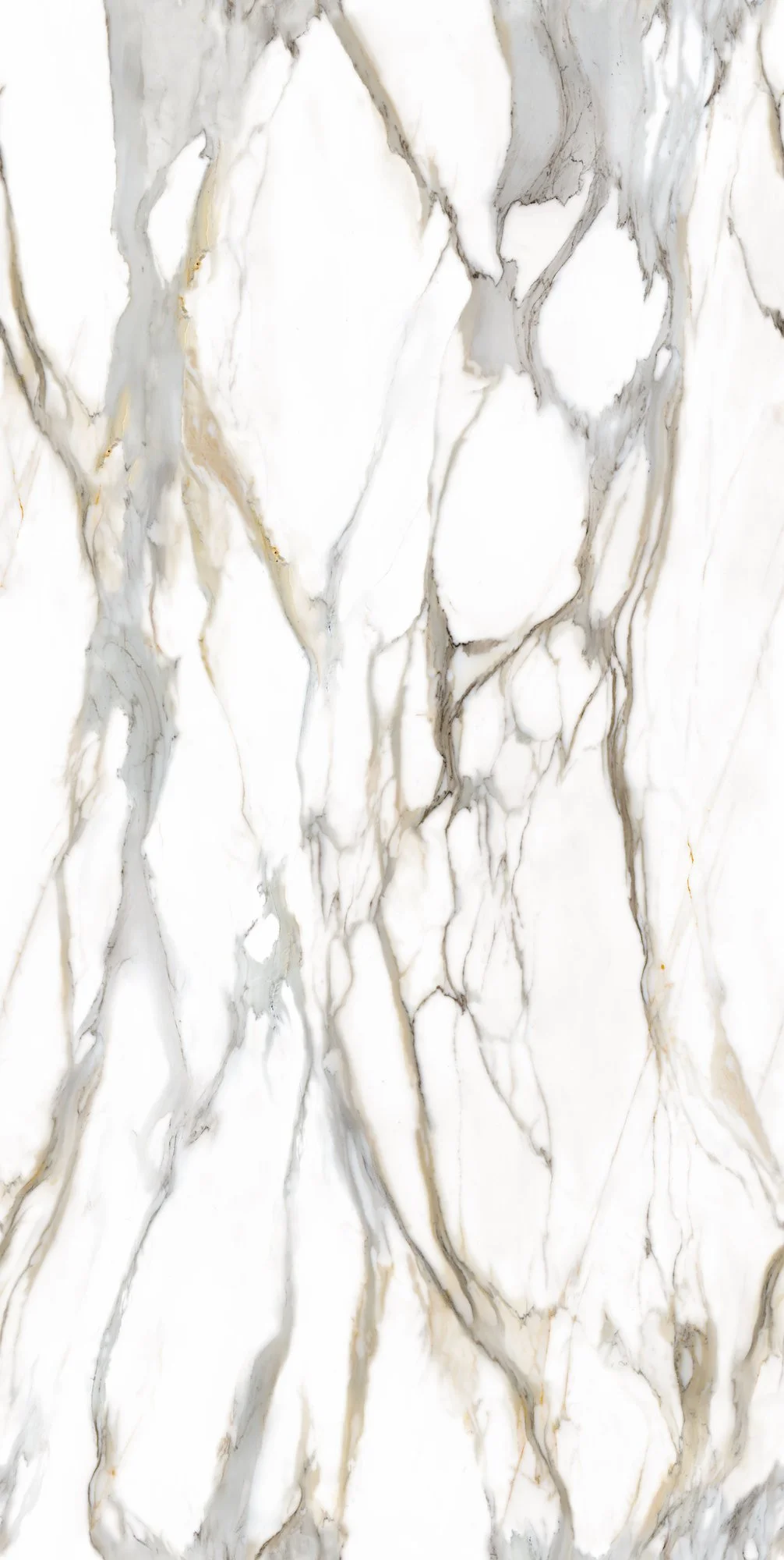 Close-up of white marble surface with gray and gold veining.