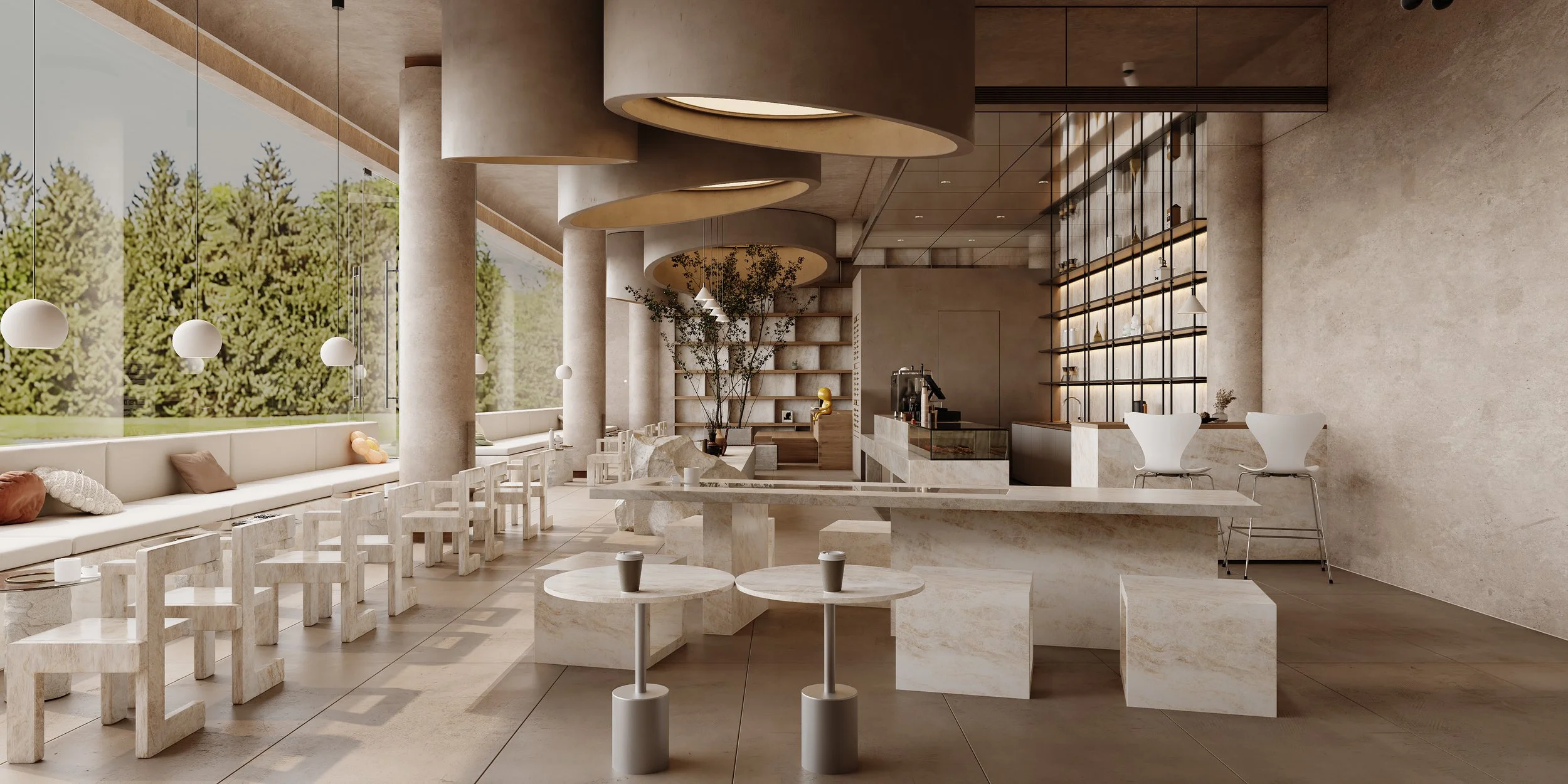 Modern cafe interior with beige stone furniture, large windows with a view of green trees, pendant lights, and minimalist decor.