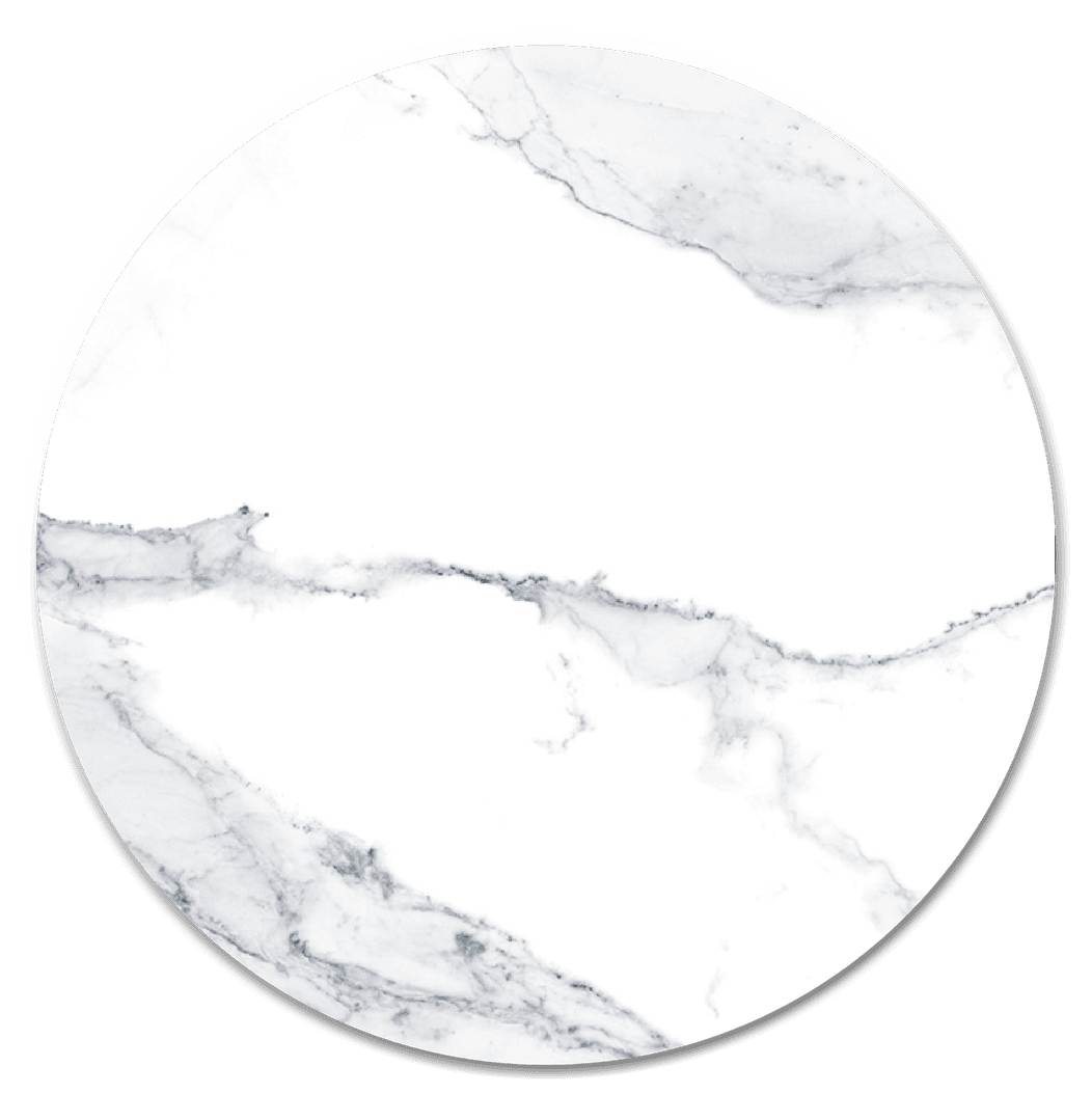 Round marble table with white and gray veining.
