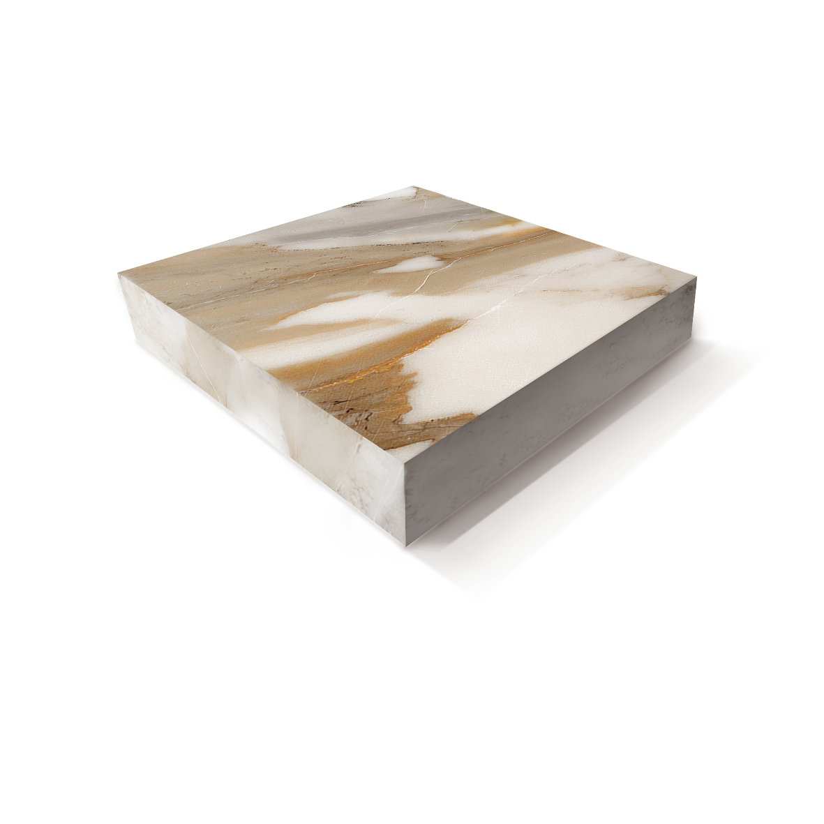 A square marble tile with beige, white, and light brown swirling patterns on a white background.