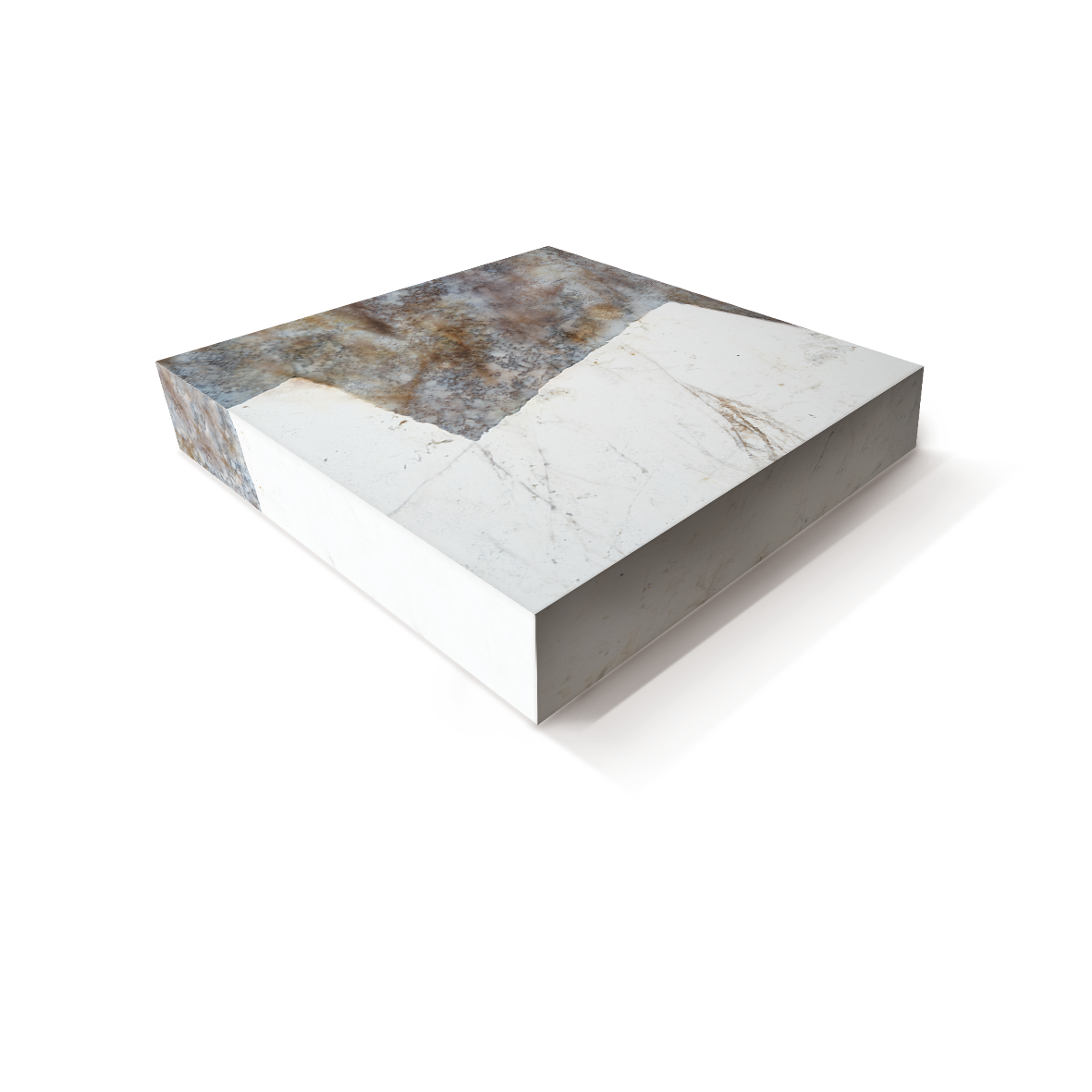 A square marble block with a mix of white and brownish marbling, shown against a white background.
