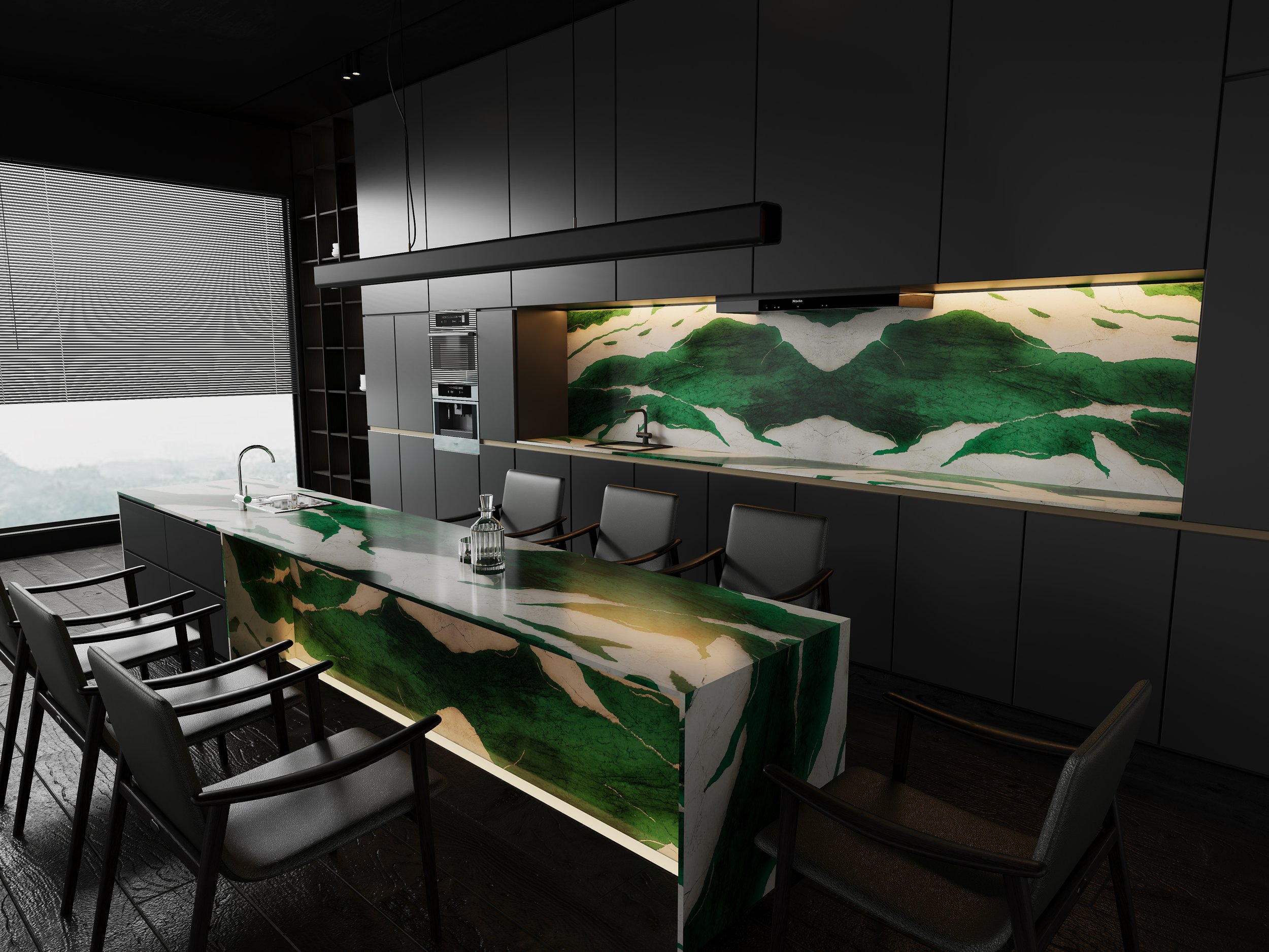 Modern kitchen with dark cabinets and a marble island with green and white veins, matching backsplash, and a large window with blinds.