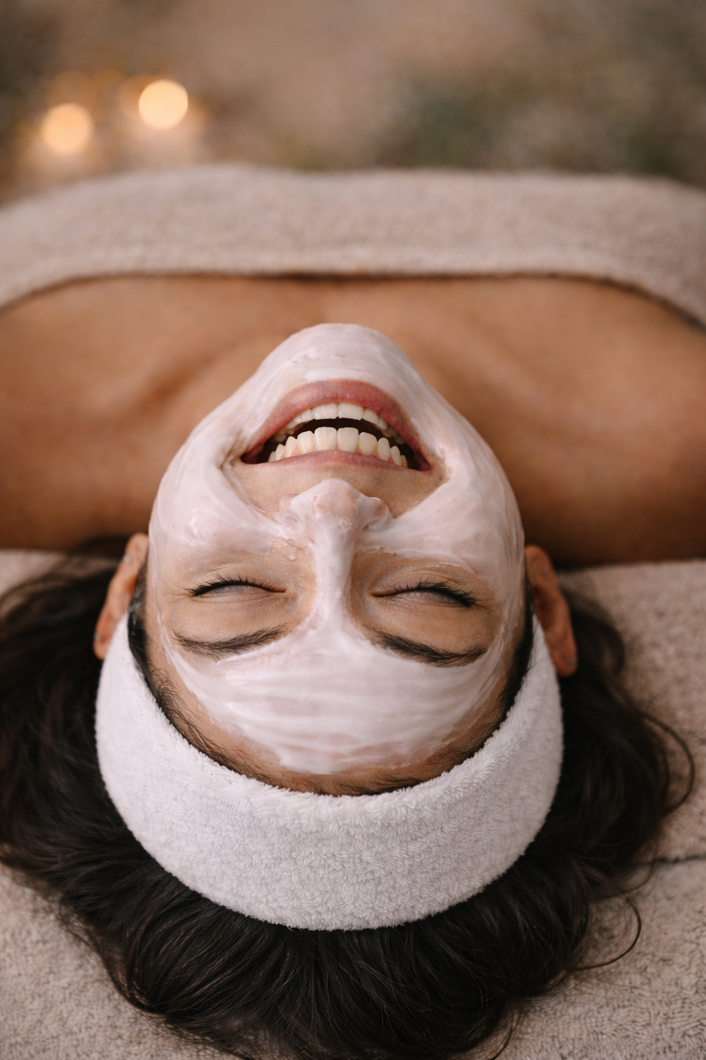 Woman lying down with facial mask, smiling, ears covered with towel, relaxing in this wellness setting.