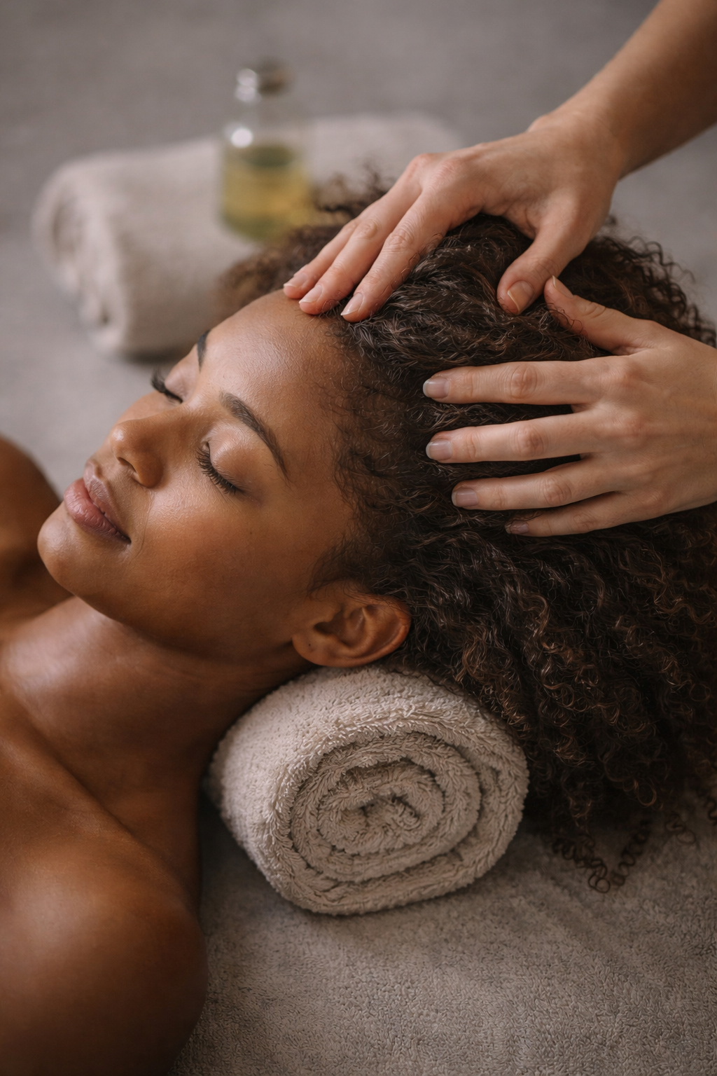 A woman receiving a head massage from hair and scalp steward, with her eyes closed and a towel underneath her head.