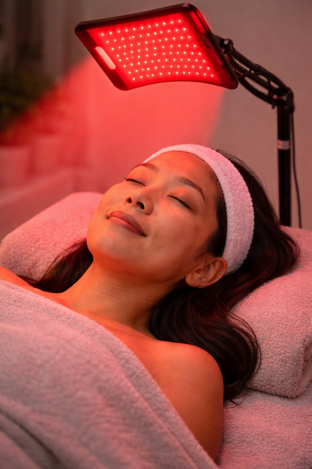 A woman lying on a treatment bed with eyes closed, receiving red LED light therapy on her face, with a heated towel covering her body and a headband around her forehead. Sunglasses are required.