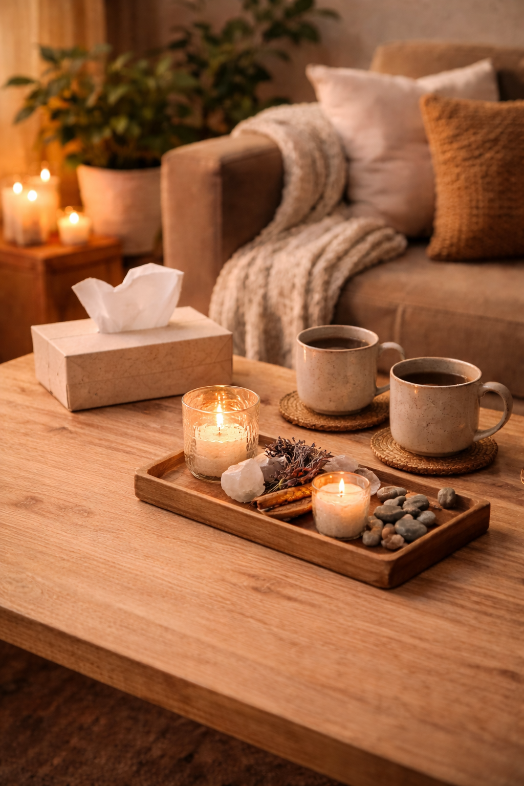 Cozy room to celebrate the present moment with a rest and reflection steward with candles, coffee mugs, and decorative items on a wooden tray and table, soft pillows and blanket on the sofa, and warm ambient lighting.