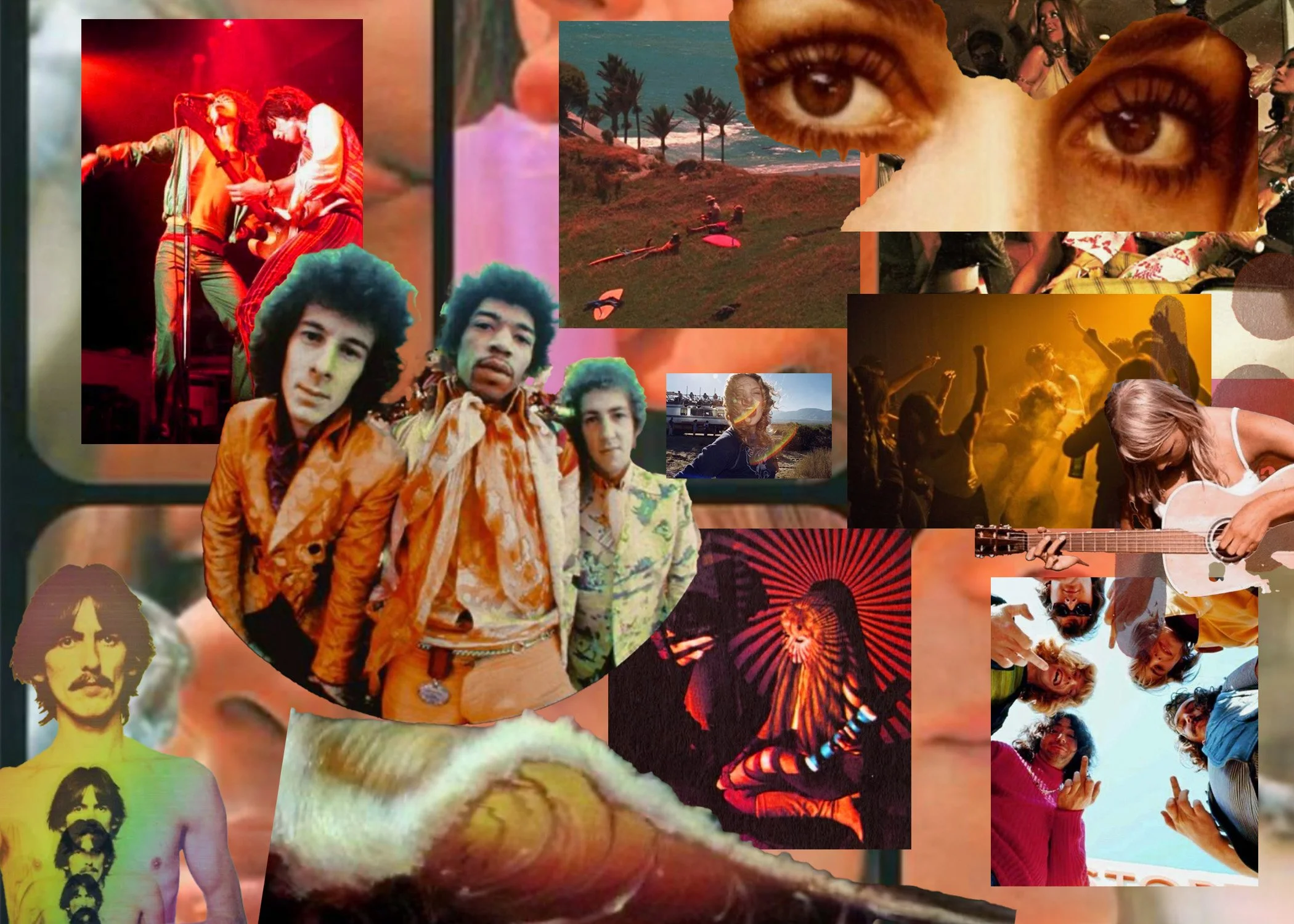 A collage of various images including people dancing and playing guitar, close-ups of eyes, a woman with rainbow makeup, a scenic view of palm trees and the ocean, and an abstract colored background.