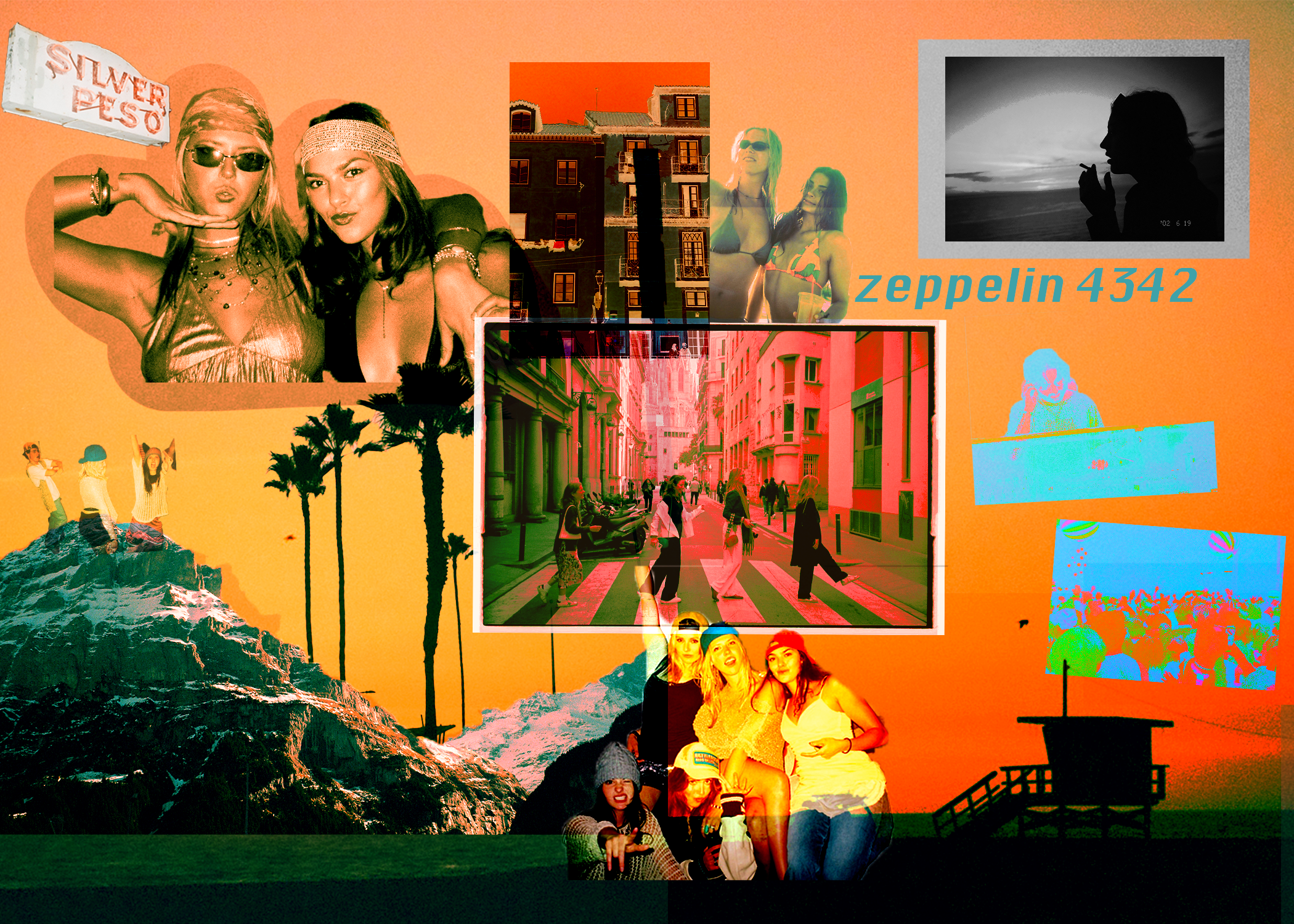 Collage of various colorful images, including women in swimwear, city streets, a silhouette of a woman smoking at sunset, a mountain scene with children, and artistic graphics, with text that reads 'zeppelin4342' and 'Silver PES'.
