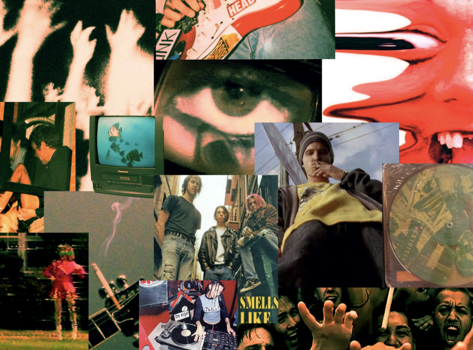A collage of various images including people, objects, and abstract visuals. It features close-up shots of faces, a person smoking, a vintage television, a person playing guitar, a group of friends, and a record player, creating an eclectic and vibra
