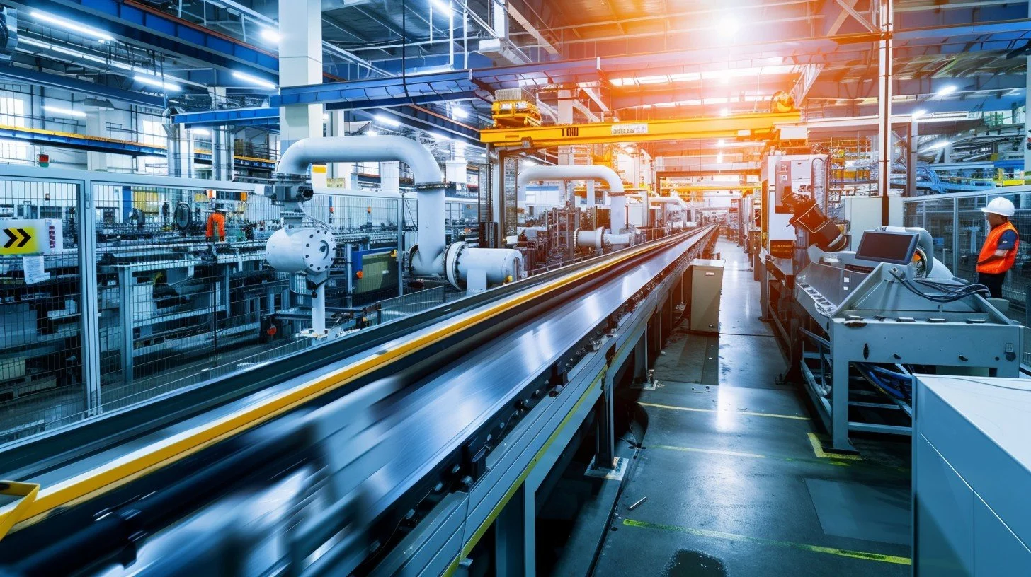 An industrial manufacturing facility with a long conveyor belt, machinery, and piping system, with two workers in safety vests and helmets.