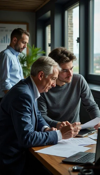 Three men in business attire working together at a table in an office with large windows, reviewing documents.