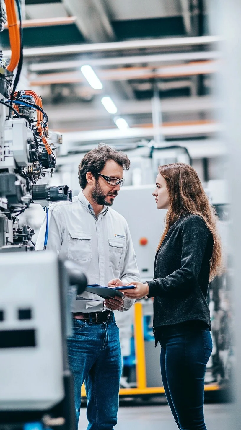Two employees, a man with glasses and a woman, standing and talking in an industrial or factory setting, with machinery and equipment around them.