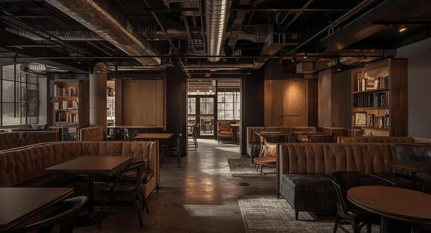Interior of a cozy, dimly-lit coffee shop or café with wooden furniture, leather booths, and bookshelves, featuring large windows at the back and exposed industrial-style ceiling pipes.