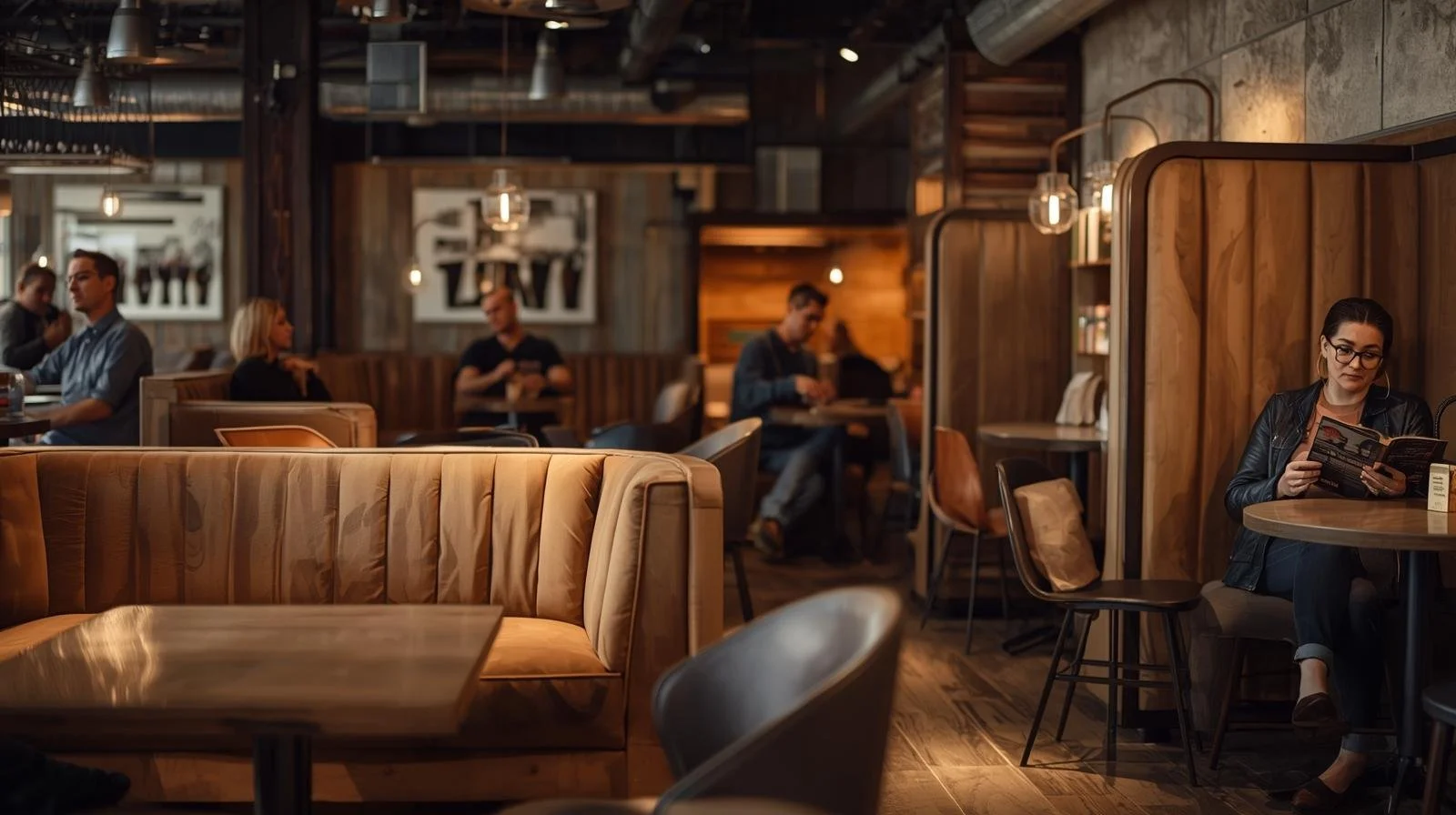 People sitting and reading at tables in a cozy, dimly lit cafe with wooden interior decor.