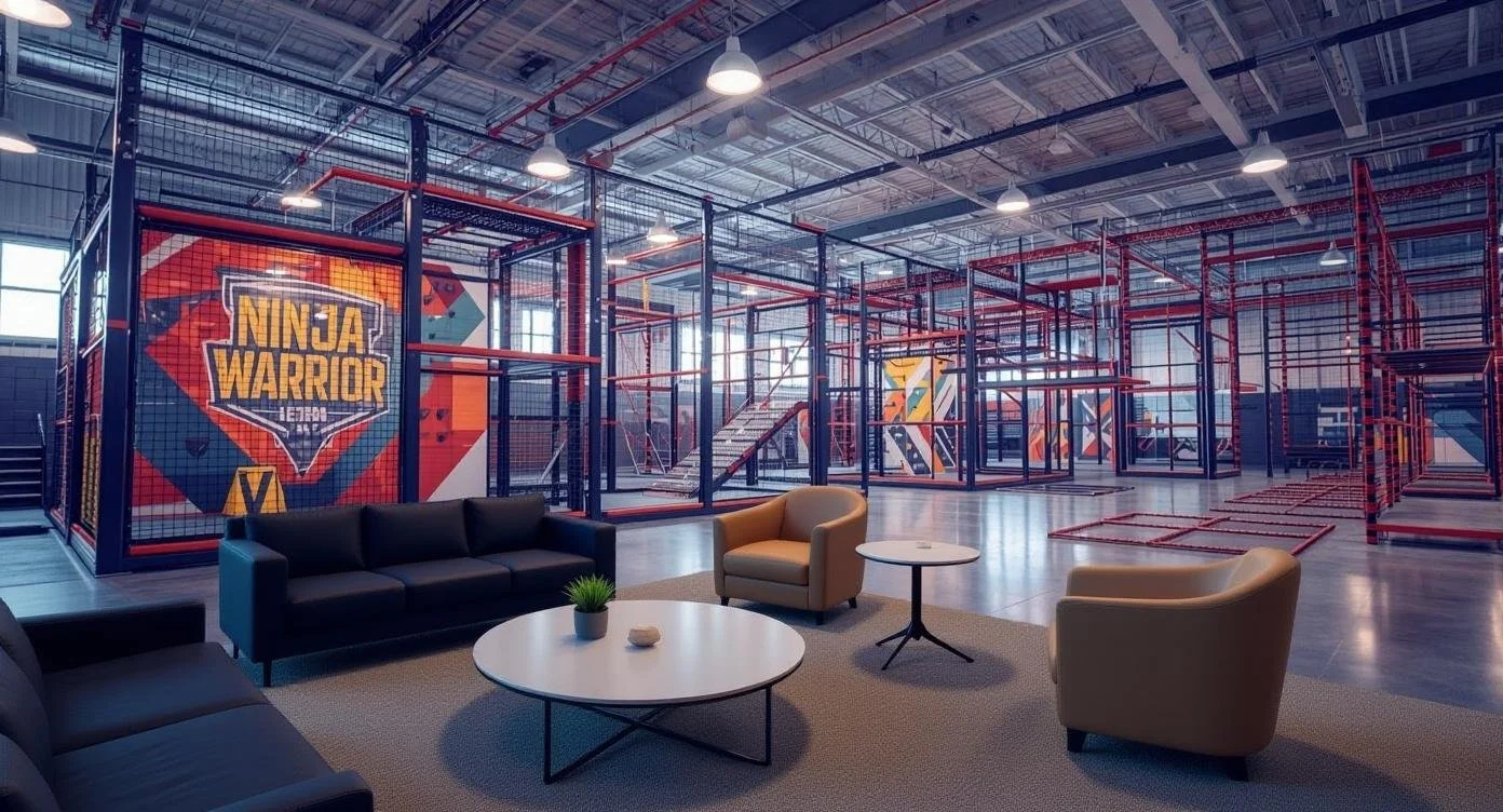 Indoor activity zone for kids ages 6 to 9 with obstacle course and ball pit