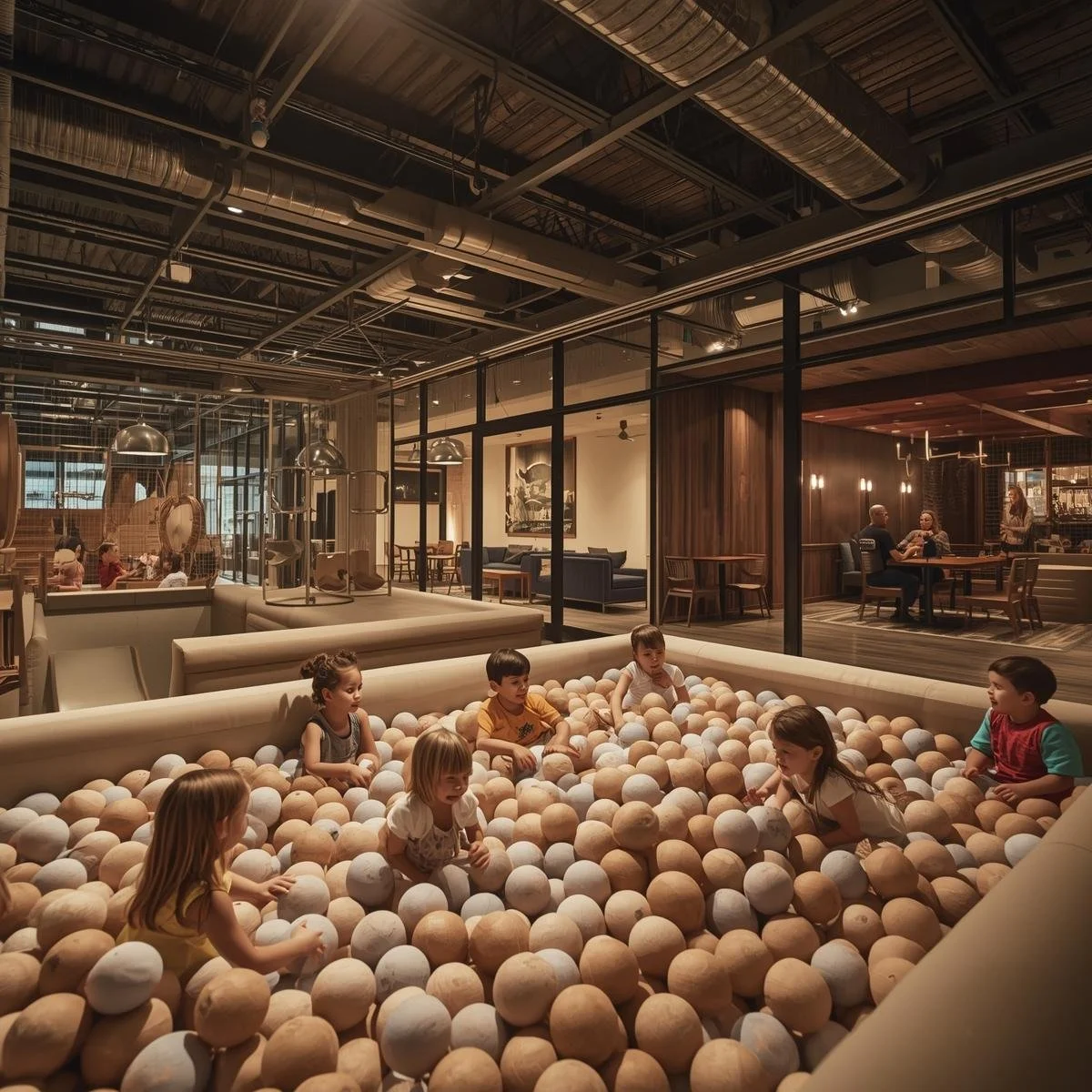 Children playing and playing in a large indoor ball pit filled with white and beige balls inside a modern, upscale restaurant or cafe.