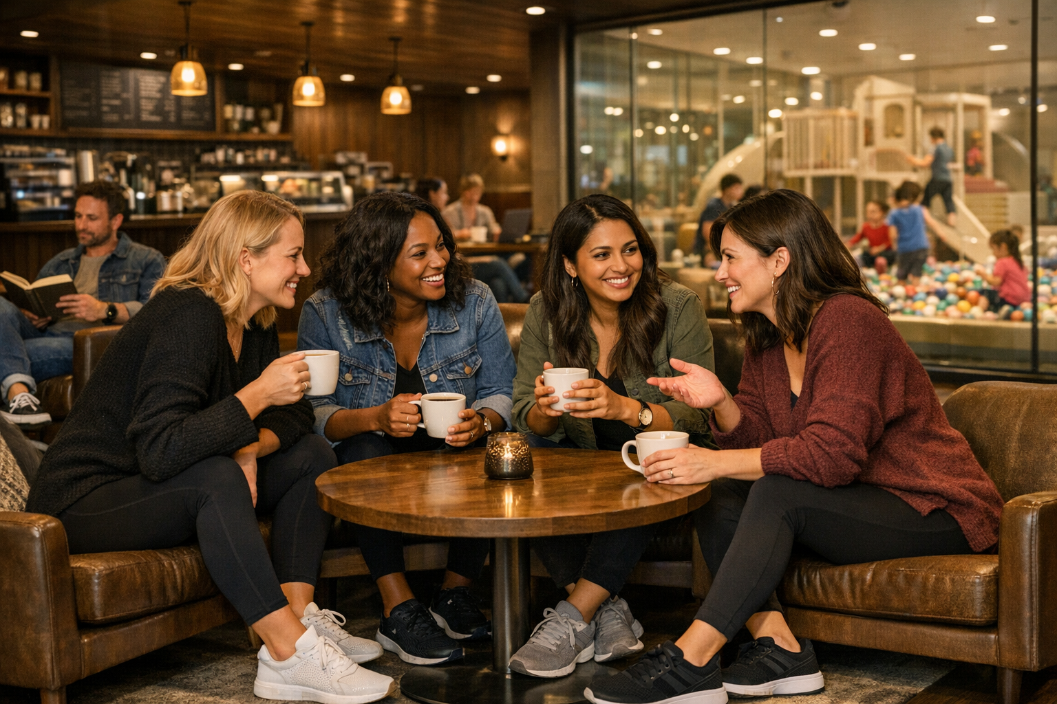 Four women engaged in conversation, sitting around a coffee table in a cozy cafe, holding coffee mugs, with a playground visible through large glass windows in the background.