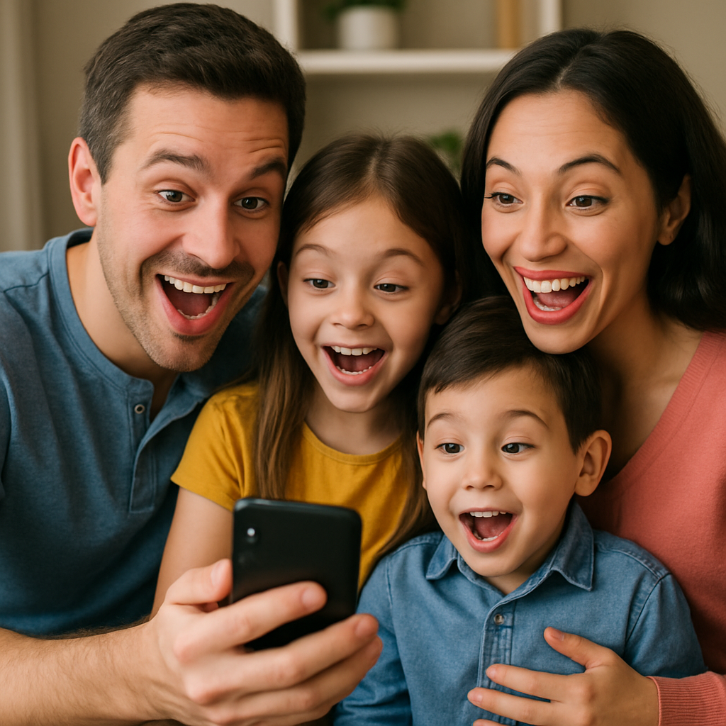 A happy family of four looking at a smartphone together, smiling and excited.