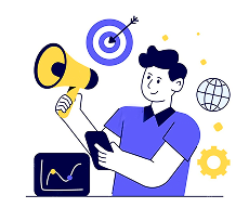 Person holding a smartphone with a megaphone, target, globe, and gear icons surrounding them, representing marketing or business strategy.