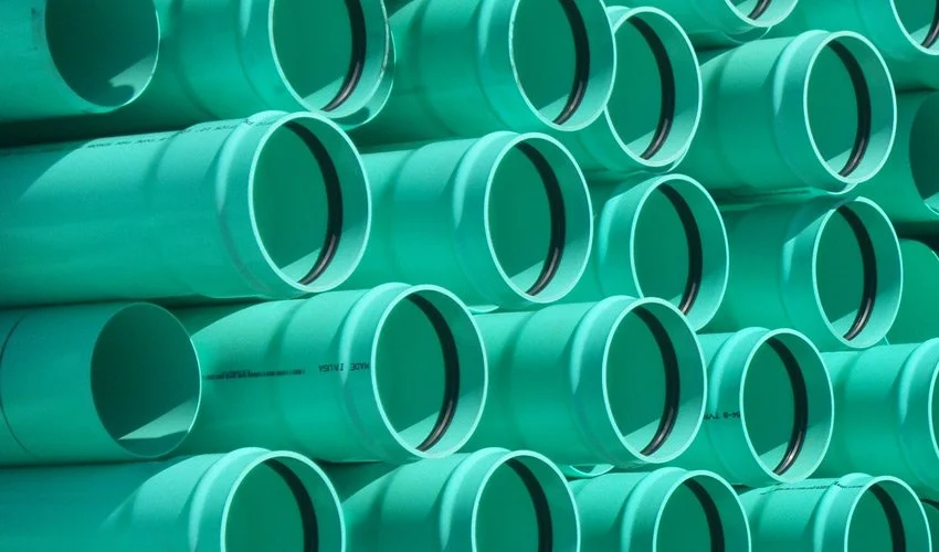 Stacked turquoise PVC pipes with open ends facing outward.
