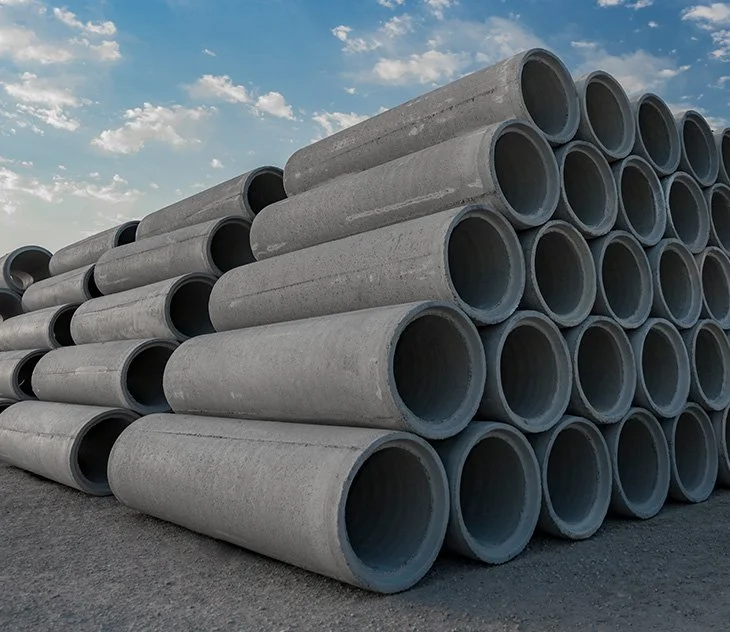 Stack of large concrete pipes outdoors against a partly cloudy sky.